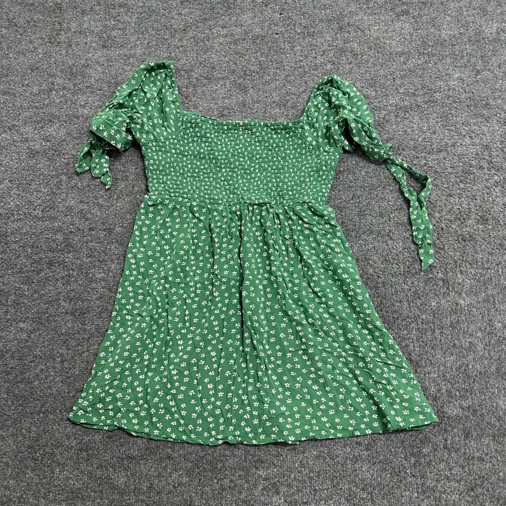 American Eagle Dress Womens Size S Green Viscose Floral Smocked Tie Sleeve Mini